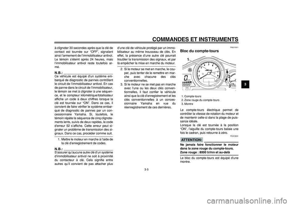 YAMAHA TDM 900 2005  Notices Demploi (in French)  
COMMANDES ET INSTRUMENTS 
3-5 
2
34
5
6
7
8
9
 
à clignoter 30 secondes après que la clé de
contact est tournée sur “OFF”, signalant
ainsi l’armement de l’immobilisateur antivol.
Le tém