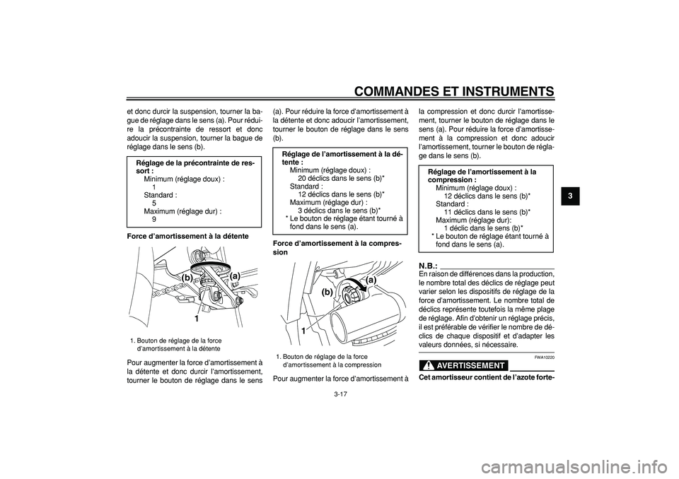 YAMAHA TDM 900 2005  Notices Demploi (in French)  
COMMANDES ET INSTRUMENTS 
3-17 
2
34
5
6
7
8
9
 
et donc durcir la suspension, tourner la ba-
gue de réglage dans le sens (a). Pour rédui-
re la précontrainte de ressort et donc
adoucir la suspen