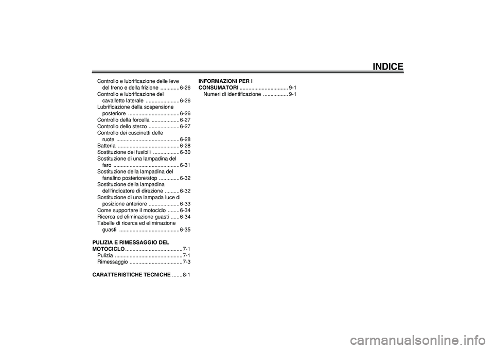 YAMAHA TDM 900 2005  Manuale duso (in Italian)  
INDICE
 
Controllo e lubrificazione delle leve 
del freno e della frizione  ............. 6-26
Controllo e lubrificazione del 
cavalletto laterale  ....................... 6-26
Lubrificazione della 