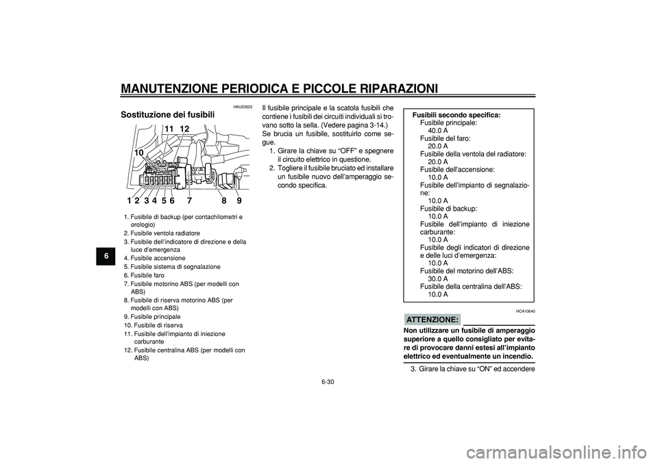 YAMAHA TDM 900 2005  Manuale duso (in Italian)  
MANUTENZIONE PERIODICA E PICCOLE RIPARAZIONI
 
6-30 
1
2
3
4
5
6
7
8
9
 
HAU23623 
Sostituzione dei fusibili  
Il fusibile principale e la scatola fusibili che
contiene i fusibili dei circuiti indiv