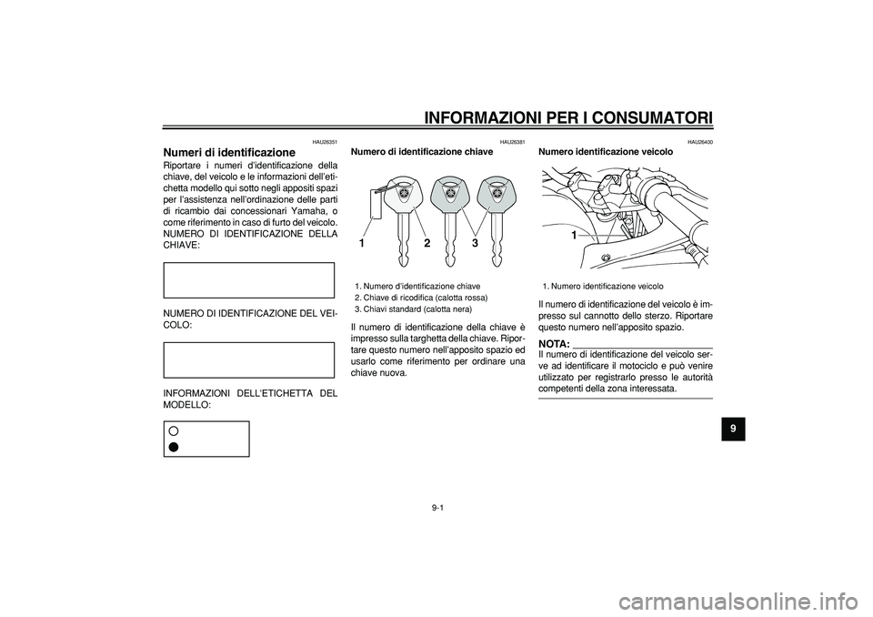 YAMAHA TDM 900 2005 Manuale duso (in Italian)
9-1
2
3
4
5
6
7
8
9
INFORMAZIONI PER I CONSUMATORI
HAU26351
Numeri di identificazione
Riportare i numeri d’identificazione della
chiave, del veicolo e le informazioni dell’eti-
chetta mo YAMAHA TDM 900 2005 Manuale duso (in Italian)
9-1
2
3
4
5
6
7
8
9
INFORMAZIONI PER I CONSUMATORI
HAU26351
Numeri di identificazione
Riportare i numeri d’identificazione della
chiave, del veicolo e le informazioni dell’eti-
chetta mo