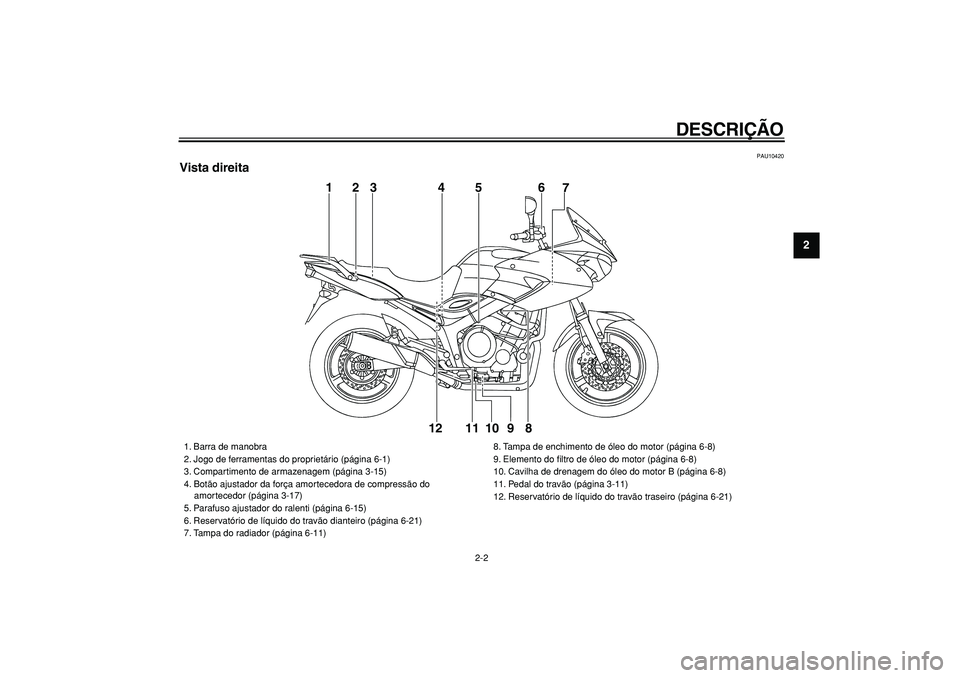 YAMAHA TDM 900 2005 Manual de utilização (in Portuguese)
DESCRIÇÃO
2-2
2
3
4
5
6
7
8
9
PAU10420
Vista direita
1
56
7
8 9 10 11 12
23 4
1. Barra de manobra
2. Jogo de ferramentas do proprietário (página 6-1)
3. Compartimento de armazenagem (pág YAMAHA TDM 900 2005 Manual de utilização (in Portuguese)
DESCRIÇÃO
2-2
2
3
4
5
6
7
8
9
PAU10420
Vista direita
1
56
7
8 9 10 11 12
23 4
1. Barra de manobra
2. Jogo de ferramentas do proprietário (página 6-1)
3. Compartimento de armazenagem (pág