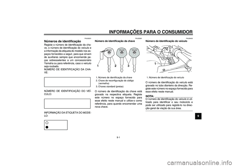 YAMAHA TDM 900 2005  Manual de utilização (in Portuguese)  
9-1 
2
3
4
5
6
7
8
9
 
INFORMAÇÕES PARA O CONSUMIDOR 
PAU26351 
Números de identificação  
Registe o número de identificação da cha-
ve, o número de identificação do veículo e
a informa