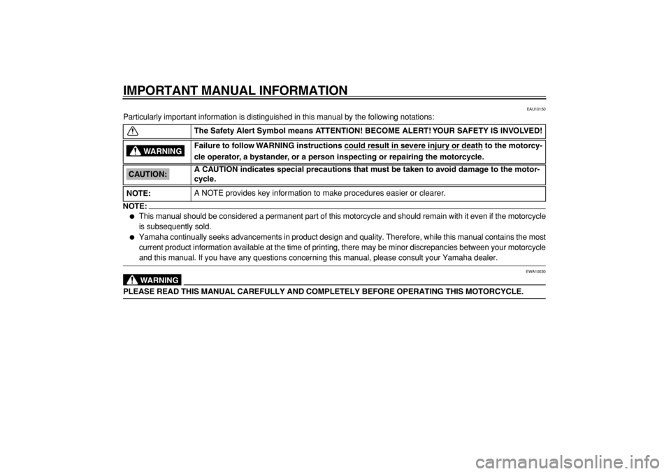 YAMAHA TDM 900 2004  Owners Manual  
IMPORTANT MANUAL INFORMATION 
EAU10150 
Particularly important information is distinguished in this manual by the following notations:
NOTE:
 
 
This manual should be considered a permanent part of