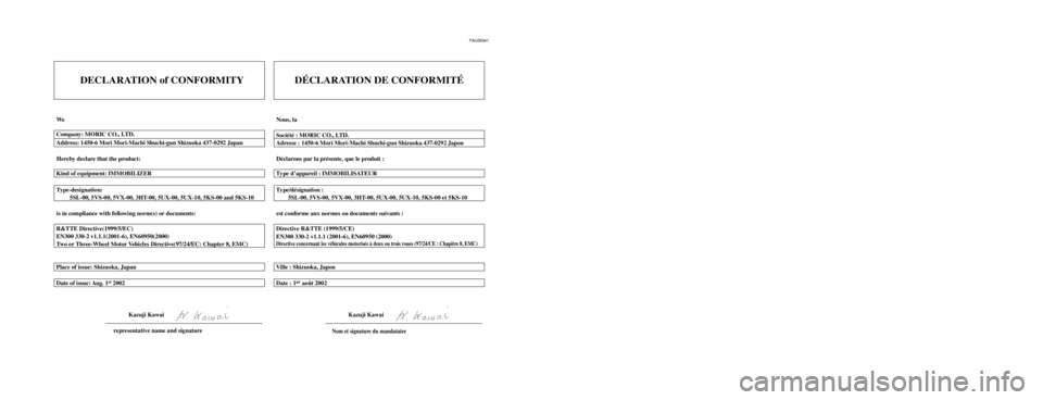 YAMAHA TDM 900 2004  Notices Demploi (in French) FAU26941
DECLARATION of CONFORMITY
We
Hereby declare that the product:
is in compliance with following norm(s) or documents: Type-designation:
         5SL-00, 5VS-00, 5VX-00, 3HT-00, 5UX-00, 5UX-10, 