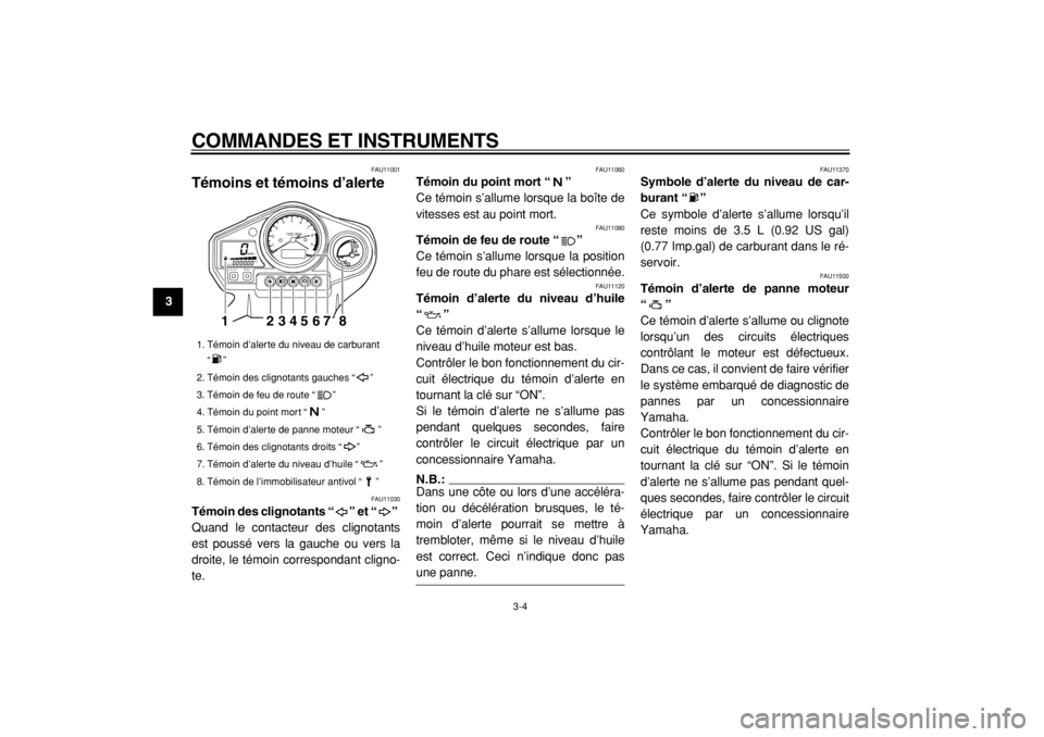 YAMAHA TDM 900 2004  Notices Demploi (in French)  
COMMANDES ET INSTRUMENTS 
3-4 
1
2
3
4
5
6
7
8
9
 
FAU11001 
Témoins et témoins d’alerte  
FAU11030 
Témoin des clignotants “” et “”  
Quand le contacteur des clignotants
est poussé ve