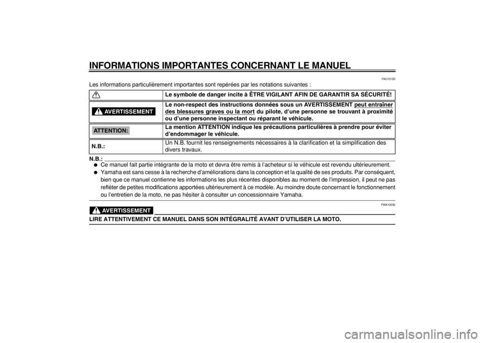 YAMAHA TDM 900 2004  Notices Demploi (in French)  
INFORMATIONS IMPORTANTES CONCERNANT LE MANUEL 
FAU10150 
Les informations particulièrement importantes sont repérées par les notations suivantes :
N.B.:
 
 
Ce manuel fait partie intégrante de 