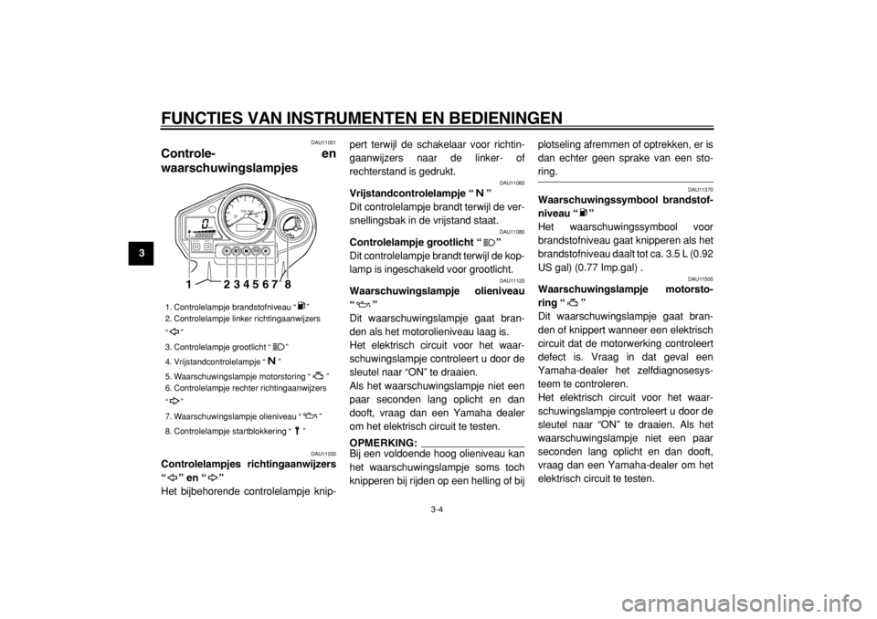 YAMAHA TDM 900 2004  Instructieboekje (in Dutch)  
FUNCTIES VAN INSTRUMENTEN EN BEDIENINGEN 
3-4 
1
2
3
4
5
6
7
8
9
 
DAU11001 
Controle- en
waarschuwingslampjes  
DAU11030 
Controlelampjes richtingaanwijzers
“” en “”  
Het bijbehorende cont