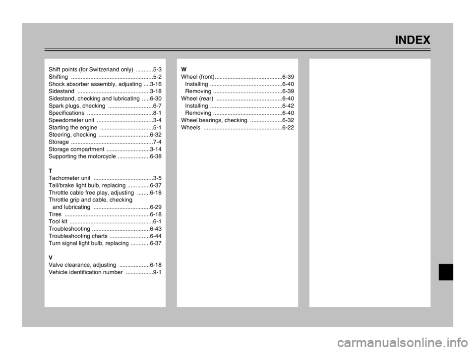 YAMAHA TDM 900 2003 Owners Manual Shift points (for Switzerland only) ...........5-3
Shifting ...................................................5-2
Shock absorber assembly, adjusting ....3-16
Sidestand .............................. YAMAHA TDM 900 2003 Owners Manual Shift points (for Switzerland only) ...........5-3
Shifting ...................................................5-2
Shock absorber assembly, adjusting ....3-16
Sidestand ..............................