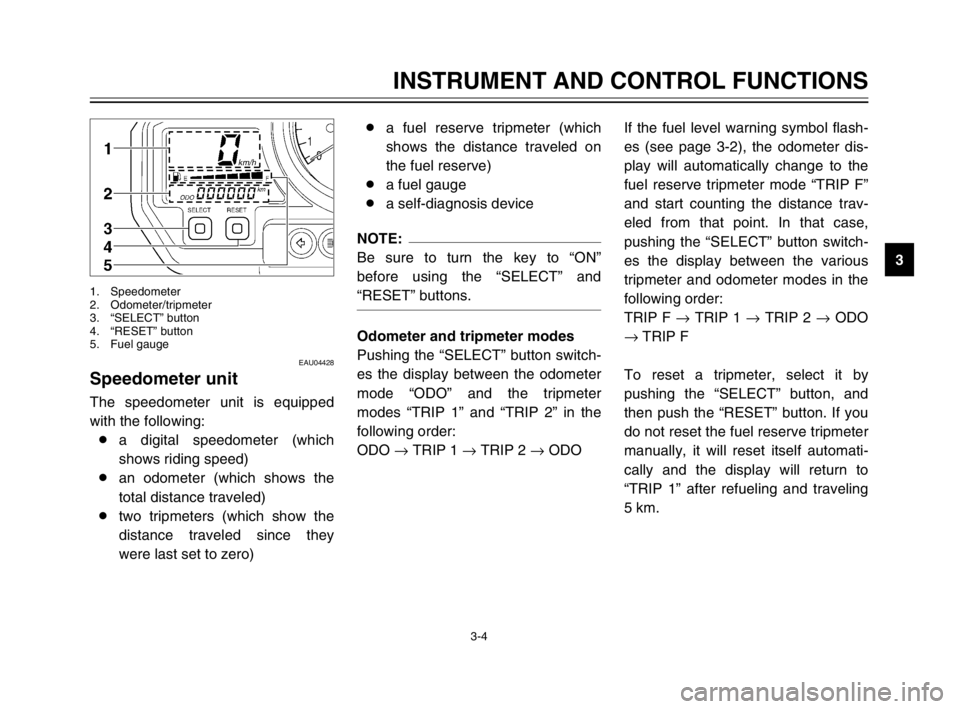YAMAHA TDM 900 2003 User Guide 3-4
INSTRUMENT AND CONTROL FUNCTIONS
3
EAU04428
Speedometer unitSpeedometer unitThe speedometer unit is equipped
with the following:
8a digital speedometer (which
shows riding speed)
8an odometer (whi YAMAHA TDM 900 2003 User Guide 3-4
INSTRUMENT AND CONTROL FUNCTIONS
3
EAU04428
Speedometer unitSpeedometer unitThe speedometer unit is equipped
with the following:
8a digital speedometer (which
shows riding speed)
8an odometer (whi