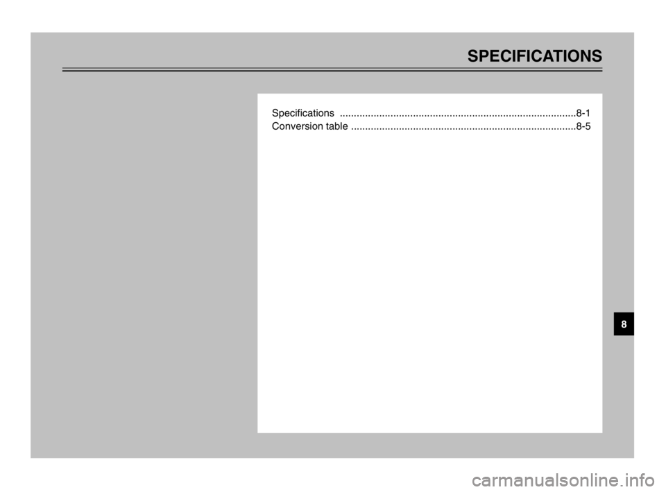 YAMAHA TDM 900 2003  Owners Manual SPECIFICATIONS
Specifications ....................................................................................8-1
Conversion table .................................................................