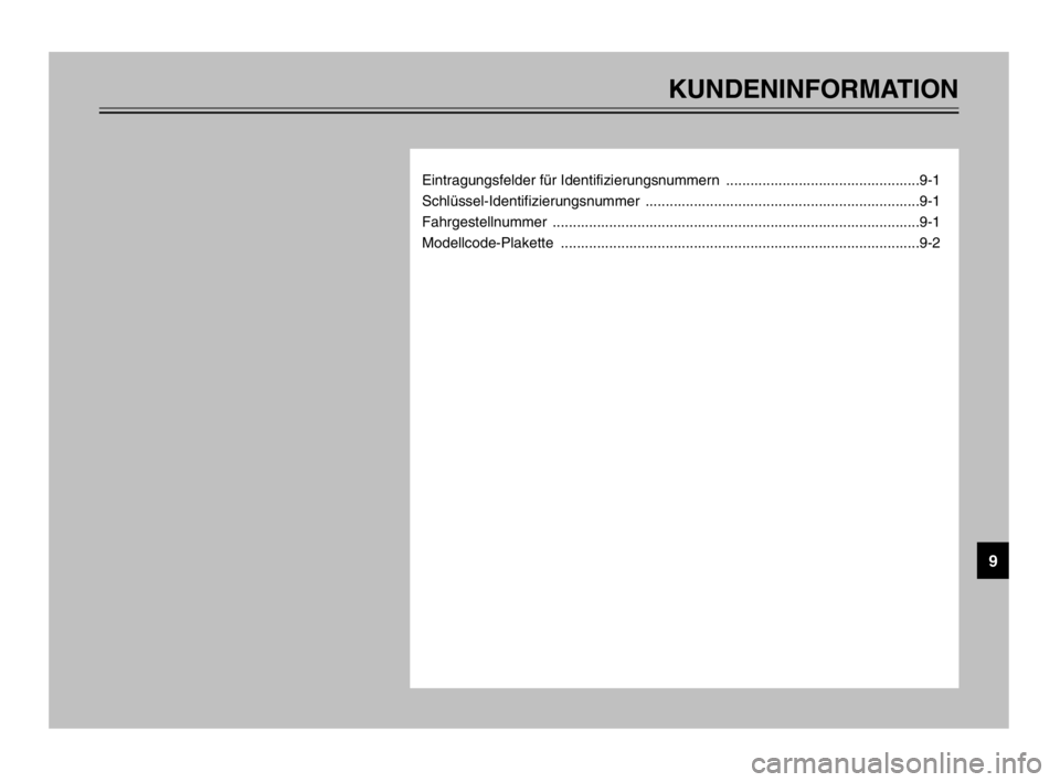 YAMAHA TDM 900 2003 Betriebsanleitungen (in German) KUNDENINFORMATION
Eintragungsfelder für Identifizierungsnummern ................................................9-1
Schlüssel-Identifizierungsnummer ................................................ YAMAHA TDM 900 2003 Betriebsanleitungen (in German) KUNDENINFORMATION
Eintragungsfelder für Identifizierungsnummern ................................................9-1
Schlüssel-Identifizierungsnummer ................................................