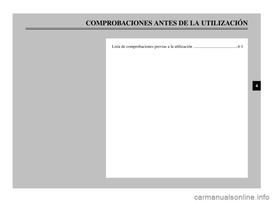YAMAHA TDM 900 2003 Manuale de Empleo (in Spanish) COMPROBACIONES ANTES DE LA UTILIZACIÓN
Lista de comprobaciones previas a la utilización ..........................................4-1
4
5PS-28199-S1 9/10/02 6:21 PM Page 35 YAMAHA TDM 900 2003 Manuale de Empleo (in Spanish) COMPROBACIONES ANTES DE LA UTILIZACIÓN
Lista de comprobaciones previas a la utilización ..........................................4-1
4
5PS-28199-S1 9/10/02 6:21 PM Page 35