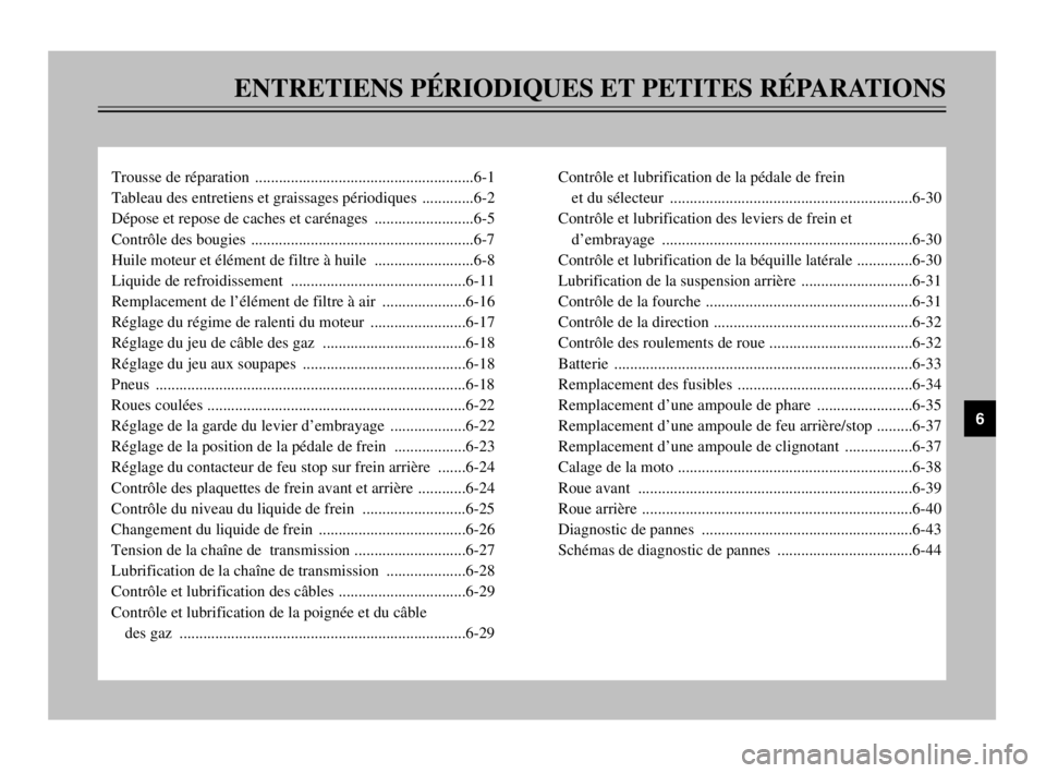 YAMAHA TDM 900 2003 Notices Demploi (in French) ENTRETIENS PÉRIODIQUES ET PETITES RÉPARATIONS
Trousse de réparation .......................................................6-1
Tableau des entretiens et graissages périodiques .............6-2
Dé YAMAHA TDM 900 2003 Notices Demploi (in French) ENTRETIENS PÉRIODIQUES ET PETITES RÉPARATIONS
Trousse de réparation .......................................................6-1
Tableau des entretiens et graissages périodiques .............6-2
Dé
