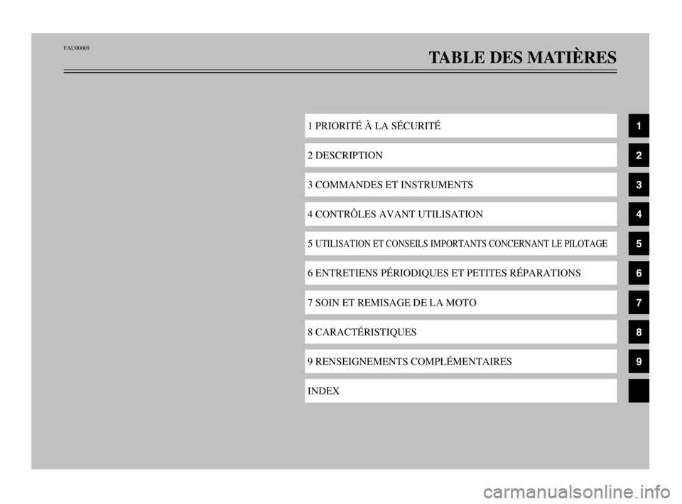 YAMAHA TDM 900 2003  Notices Demploi (in French) FAU00009
TABLE DES MATIÈRES
1 PRIORITÉ À LA SÉCURITÉ
2 DESCRIPTION 
3 COMMANDES ET INSTRUMENTS
4 CONTRÔLES AVANT UTILISATION
5 UTILISATION ET CONSEILS IMPORTANTS CONCERNANT LE PILOTAGE
6 ENTRETI
