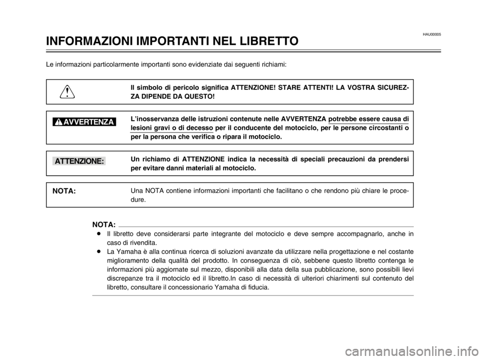 YAMAHA TDM 900 2003  Manuale duso (in Italian) HAU00005
INFORMAZIONI IMPORTANTI NEL LIBRETTO
Le informazioni particolarmente importanti sono evidenziate dai seguenti richiami:
Il simbolo di pericolo significa ATTENZIONE! STARE ATTENTI! LA VOSTRA S