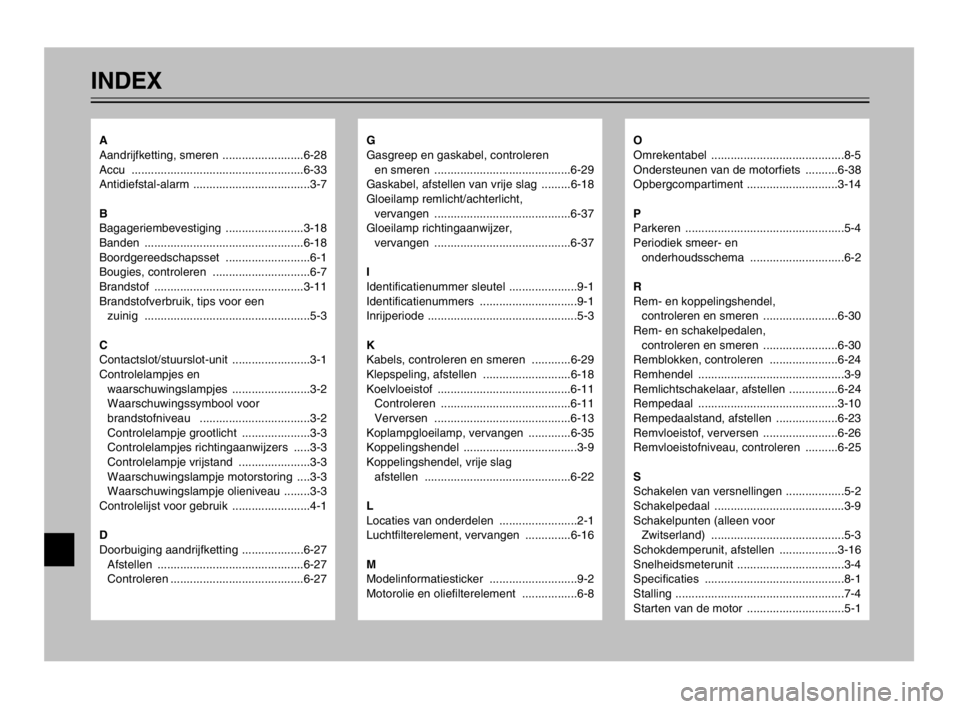 YAMAHA TDM 900 2003  Instructieboekje (in Dutch) INDEX
G
Gasgreep en gaskabel, controleren 
en smeren  ..........................................6-29
Gaskabel, afstellen van vrije slag  .........6-18
Gloeilamp remlicht/achterlicht, 
vervangen ......