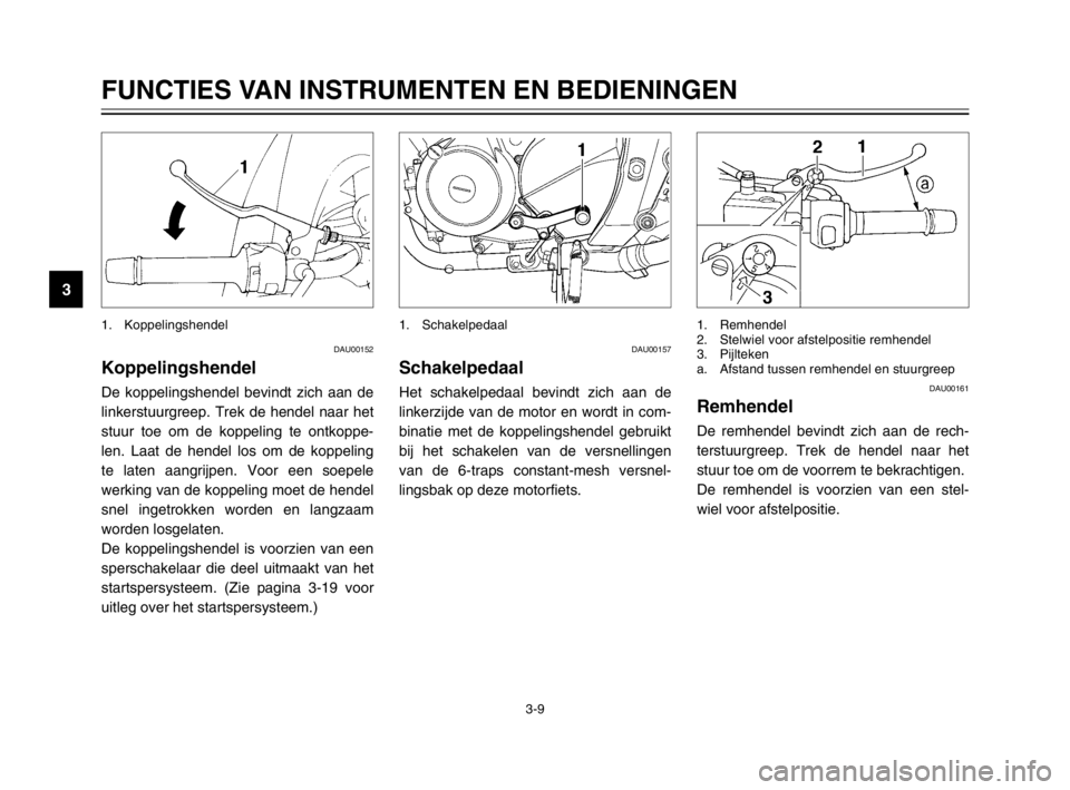 YAMAHA TDM 900 2003  Instructieboekje (in Dutch) 3-9
FUNCTIES VAN INSTRUMENTEN EN BEDIENINGEN
3
DAU00152
KoppelingshendelKoppelingshendelDe koppelingshendel bevindt zich aan de
linkerstuurgreep. Trek de hendel naar het
stuur toe om de koppeling te o