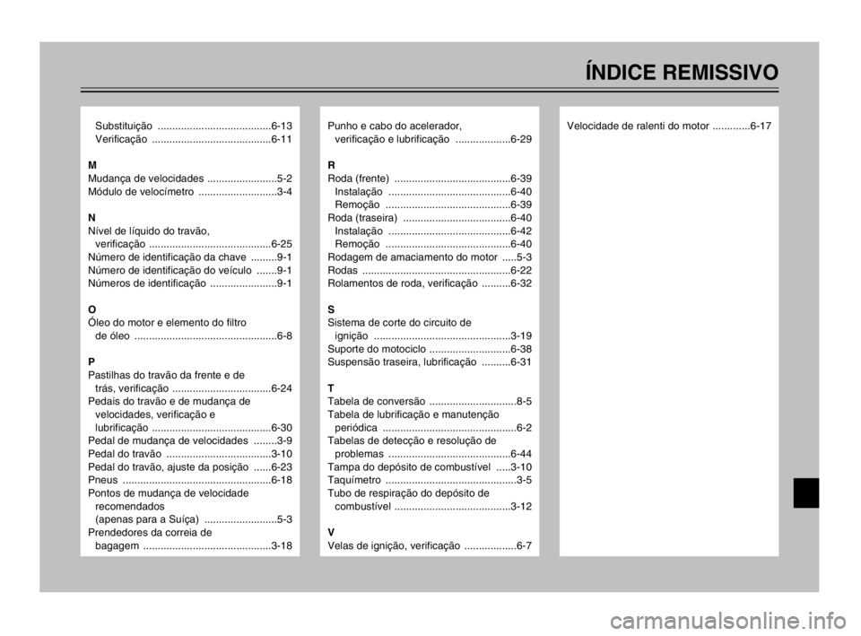 YAMAHA TDM 900 2003 Manual de utilização (in Portuguese) Substituição .......................................6-13
Verificação .........................................6-11
M
Mudança de velocidades ........................5-2
Módulo de velocímetro ... YAMAHA TDM 900 2003 Manual de utilização (in Portuguese) Substituição .......................................6-13
Verificação .........................................6-11
M
Mudança de velocidades ........................5-2
Módulo de velocímetro ...