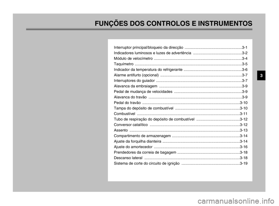 YAMAHA TDM 900 2003 Manual de utilização (in Portuguese) FUNÇÕES DOS CONTROLOS E INSTRUMENTOS
Interruptor principal/bloqueio da direcção ......................................................3-1
Indicadores luminosos e luzes de advertência .......... YAMAHA TDM 900 2003 Manual de utilização (in Portuguese) FUNÇÕES DOS CONTROLOS E INSTRUMENTOS
Interruptor principal/bloqueio da direcção ......................................................3-1
Indicadores luminosos e luzes de advertência ..........