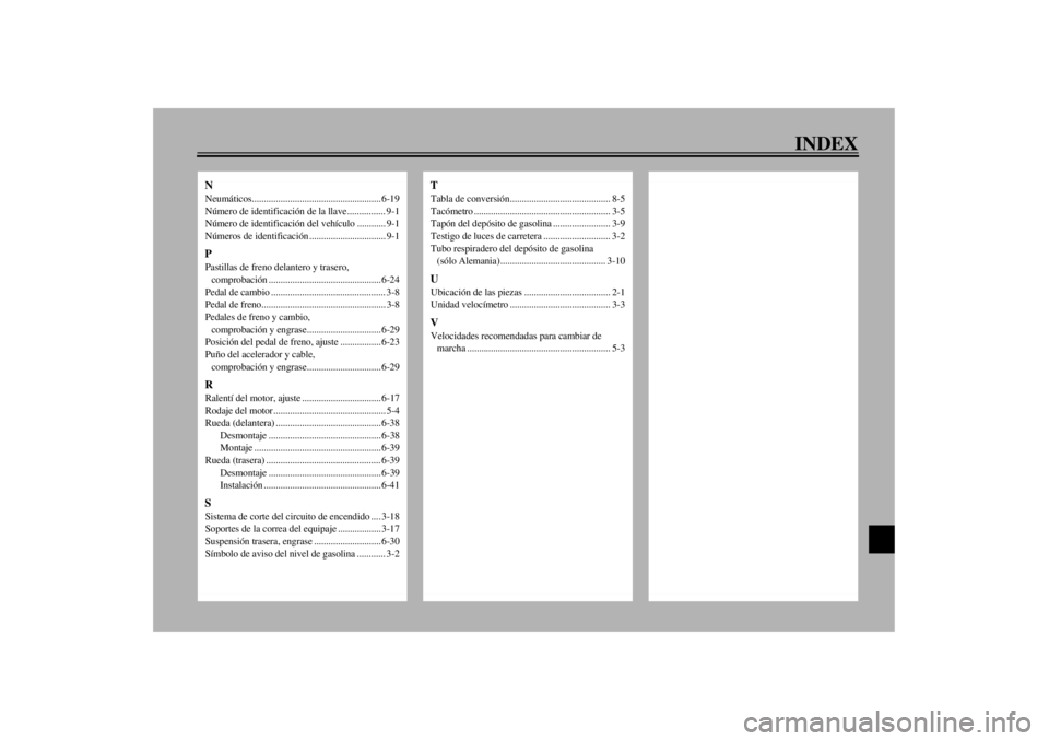 YAMAHA TDM 900 2002 Manuale de Empleo (in Spanish) INDEX
NNeumáticos...................................................... 6-19
Número de identificación de la llave ................ 9-1
Número de identificación del vehículo ............ 9-1
Núm YAMAHA TDM 900 2002 Manuale de Empleo (in Spanish) INDEX
NNeumáticos...................................................... 6-19
Número de identificación de la llave ................ 9-1
Número de identificación del vehículo ............ 9-1
Núm