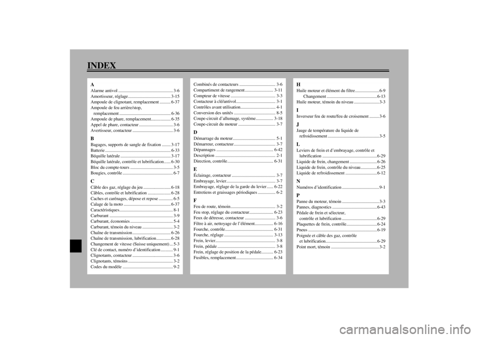 YAMAHA TDM 900 2002  Notices Demploi (in French) INDEXAAlarme antivol .................................................. 3-6
Amortisseur, réglage....................................... 3-15
Ampoule de clignotant, remplacement .......... 6-37
Ampoul