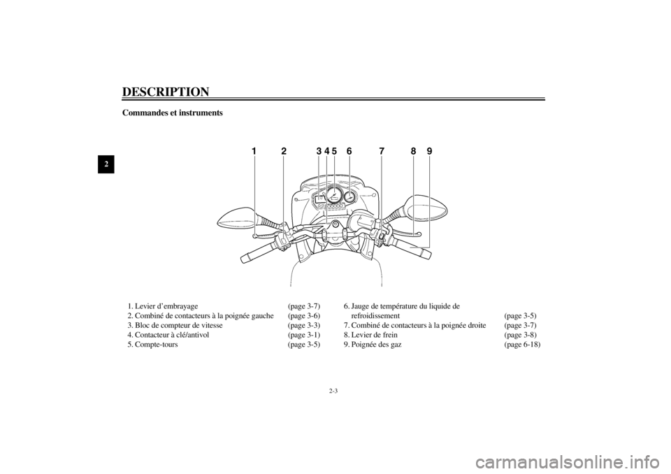 YAMAHA TDM 900 2002  Notices Demploi (in French) DESCRIPTION
2-3
2
Commandes et instruments1. Levier d’embrayage (page 3-7)
2. Combiné de contacteurs à la poignée gauche (page 3-6)
3. Bloc de compteur de vitesse (page 3-3)
4. Contacteur à clé