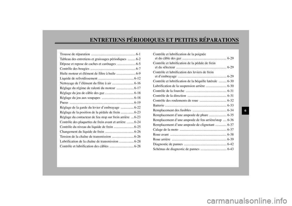 YAMAHA TDM 900 2002  Notices Demploi (in French) ENTRETIENS PÉRIODIQUES ET PETITES RÉPARATIONS
6
Trousse de réparation ................................................... 6-1
Tableau des entretiens et graissages périodiques ......... 6-2
Dépose
