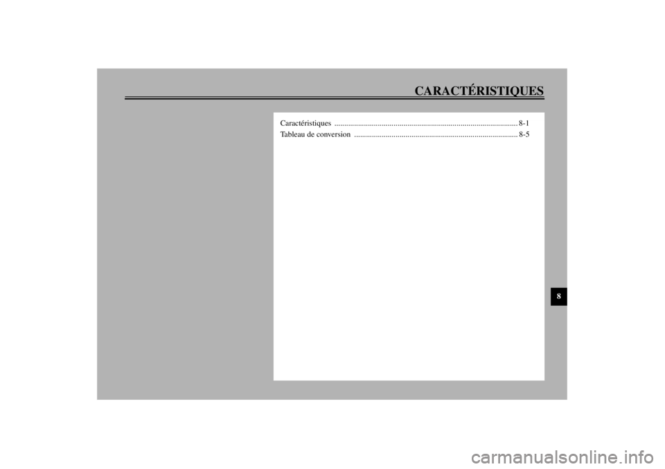 YAMAHA TDM 900 2002  Notices Demploi (in French) CARACTÉRISTIQUES
8
Caractéristiques ............................................................................................. 8-1
Tableau de conversion  .........................................