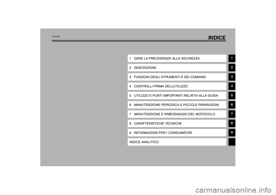 YAMAHA TDM 900 2002  Manuale duso (in Italian) INDICE
1 DARE LA PRECEDENZA ALLA SICUREZZA
1
2 DESCRIZIONE
2
3 FUNZIONI DEGLI STRUMENTI E DEI COMANDI
3
4 CONTROLLI PRIMA DELL’UTILIZZO
4
5 UTILIZZO E PUNTI IMPORTANTI RELATIVI ALLA GUIDA
5
6 MANUTE