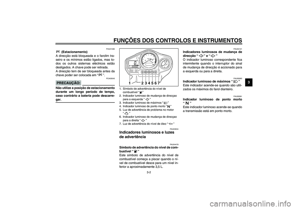 YAMAHA TDM 900 2002  Manual de utilização (in Portuguese) FUNÇÕES DOS CONTROLOS E INSTRUMENTOS
3-2
3
PAU01590
 (Estacionamento)
A direcção está bloqueada e o farolim tra-
seiro e os mínimos estão ligados, mas to-
dos os outros sistemas eléctricos est