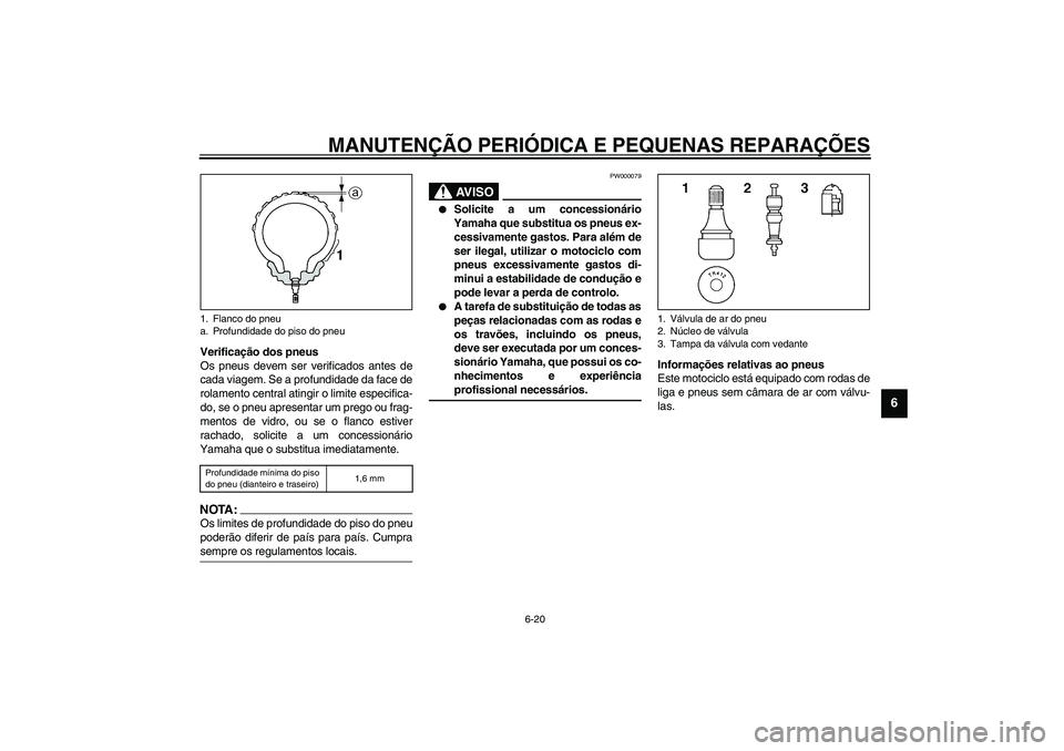 YAMAHA TDM 900 2002  Manual de utilização (in Portuguese) MANUTENÇÃO PERIÓDICA E PEQUENAS REPARAÇÕES
6-20
6
Verificação dos pneus
Os pneus devem ser verificados antes de
cada viagem. Se a profundidade da face de
rolamento central atingir o limite espe