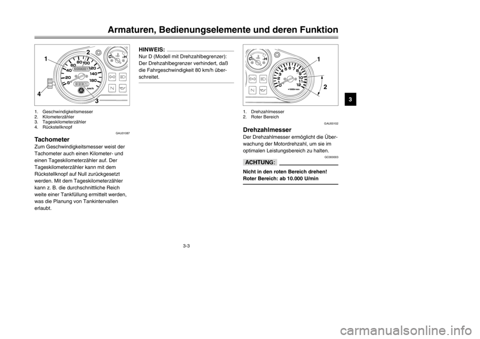YAMAHA TDR 125 2002 Betriebsanleitungen (in German) 3-3
Armaturen, Bedienungselemente und deren Funktion
3
GAU01087
Tachometer
Tachometer
Zum Geschwindigkeitsmesser weist der
Tachometer auch einen Kilometer- und
einen Tageskilometerzähler auf. Der
Tag YAMAHA TDR 125 2002 Betriebsanleitungen (in German) 3-3
Armaturen, Bedienungselemente und deren Funktion
3
GAU01087
Tachometer
Tachometer
Zum Geschwindigkeitsmesser weist der
Tachometer auch einen Kilometer- und
einen Tageskilometerzähler auf. Der
Tag