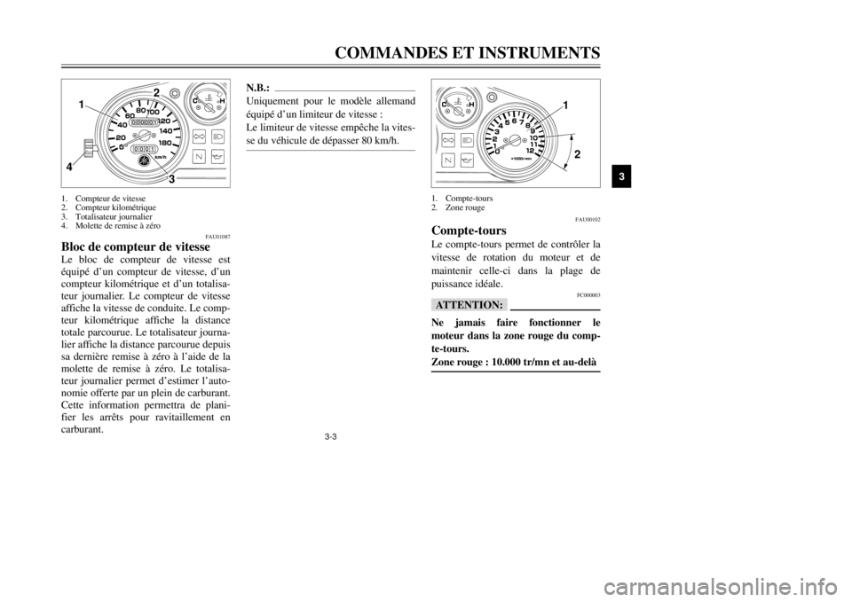 YAMAHA TDR 125 2002 Notices Demploi (in French) 3-3COMMANDES ET INSTRUMENTS
3
FAU01087
Bloc de compteur de vitesseLe bloc de compteur de vitesse est
équipé d’un compteur de vitesse, d’un
compteur kilométrique et d’un totalisa-
teur journal YAMAHA TDR 125 2002 Notices Demploi (in French) 3-3COMMANDES ET INSTRUMENTS
3
FAU01087
Bloc de compteur de vitesseLe bloc de compteur de vitesse est
équipé d’un compteur de vitesse, d’un
compteur kilométrique et d’un totalisa-
teur journal