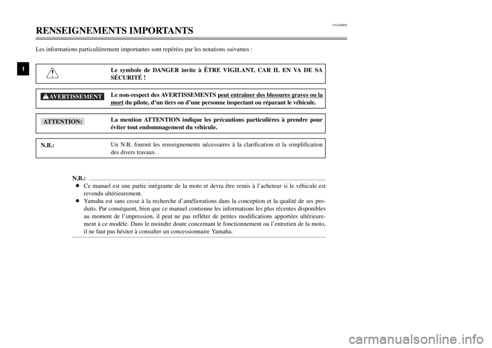YAMAHA TDR 125 2002  Notices Demploi (in French) FAU00005
RENSEIGNEMENTS IMPORTANTS
1
Les informations particulièrement importantes sont repérées par les notations suivantes :
Le symbole de DANGER invite à ÊTRE VIGILANT, CAR IL EN VA DE SA
SÉC