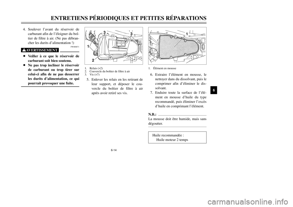 YAMAHA TDR 125 2002  Notices Demploi (in French) 6-14
ENTRETIENS PÉRIODIQUES ET PETITES RÉPARATIONS
6
4. Soulever l’avant du réservoir de
carburant afin de l’éloigner du boî-
tier de filtre à air. (Ne pas débran-
cher les durits d’alime