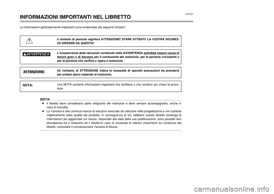 YAMAHA TDR 125 2002  Manuale duso (in Italian) HAU00005
INFORMAZIONI IMPORTANTI NEL LIBRETTOLe informazioni particolarmente importanti sono evidenziate dai seguenti richiami:
Il simbolo di pericolo significa ATTENZIONE! STARE ATTENTI! LA VOSTRA SI