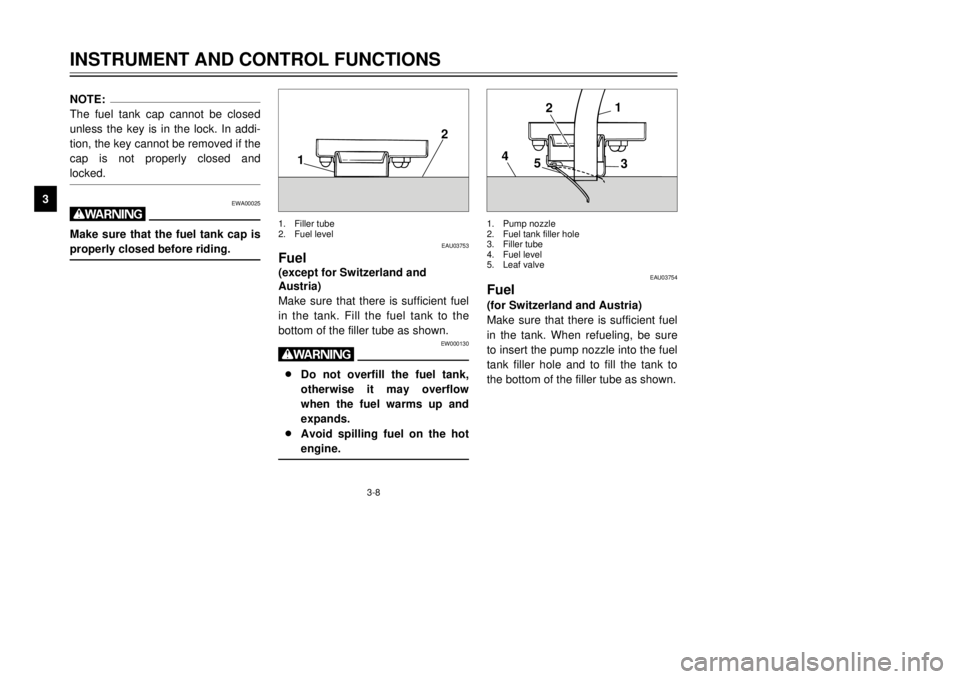 YAMAHA TDR 125 2001 User Guide 3-8
INSTRUMENT AND CONTROL FUNCTIONS
1
23
4
5
6
7
8
9
NOTE:
The fuel tank cap cannot be closed
unless the key is in the lock. In addi-
tion, the key cannot be removed if the
cap is not properly closed
