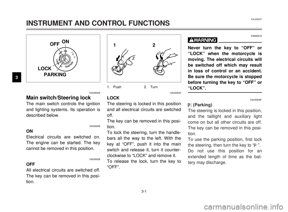 YAMAHA TDR 125 2000 User Guide 3-1
OFFON
LOCKP
PUSH
YM-8
IGNITION
ON
OFF
LOCK
PARKING
EAU00029
Main switch/Steering lock
The main switch controls the ignition
and lighting systems. Its operation is
described below.
EAU00036
ON
Elec