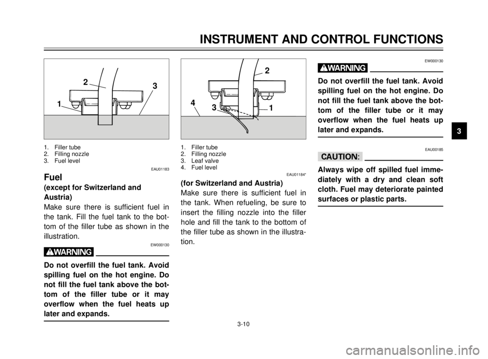 YAMAHA TDR 125 2000 Owners Manual 3-10
INSTRUMENT AND CONTROL FUNCTIONS
1
2
3
4
5
6
7
8
9
EW000130
w
Do not overfill the fuel tank. Avoid
spilling fuel on the hot engine. Do
not fill the fuel tank above the bot-
tom of the filler tube