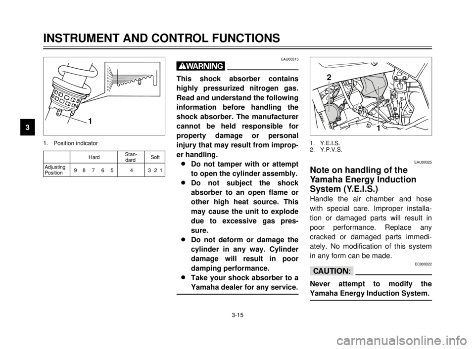 YAMAHA TDR 125 2000 Owners Manual 3-15
1
2
3
4
5
6
7
8
9
1
2
1
1. Position indicator1. Y.E.I.S.
2. Y.P.V.S.
EAU00315
w
This shock absorber contains
highly pressurized nitrogen gas.
Read and understand the following
information before YAMAHA TDR 125 2000 Owners Manual 3-15
1
2
3
4
5
6
7
8
9
1
2
1
1. Position indicator1. Y.E.I.S.
2. Y.P.V.S.
EAU00315
w
This shock absorber contains
highly pressurized nitrogen gas.
Read and understand the following
information before