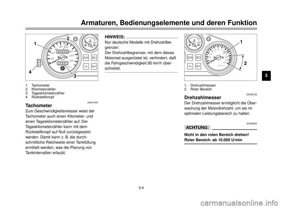YAMAHA TDR 125 2000 Betriebsanleitungen (in German) 3-4
Armaturen, Bedienungselemente und deren Funktion
1
2
3
4
5
6
7
8
9
0
0
0100
01000140
180 120 100 80
60
40
20
km/h
CH
3
2
4
1
1. Tachometer
2. Kilometerzähler
3. Tageskilometerzähler
4. Rückstel YAMAHA TDR 125 2000 Betriebsanleitungen (in German) 3-4
Armaturen, Bedienungselemente und deren Funktion
1
2
3
4
5
6
7
8
9
0
0
0100
01000140
180 120 100 80
60
40
20
km/h
CH
3
2
4
1
1. Tachometer
2. Kilometerzähler
3. Tageskilometerzähler
4. Rückstel