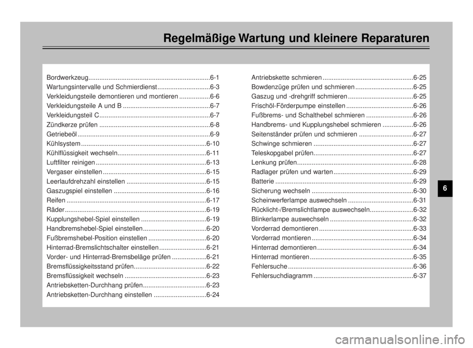 YAMAHA TDR 125 2000 Betriebsanleitungen (in German) 1
2
3
4
5
7
8
9
Regelmäßige Wartung und kleinere Reparaturen
6
Bordwerkzeug...................................................................6-1
Wartungsintervalle und Schmierdienst ............... YAMAHA TDR 125 2000 Betriebsanleitungen (in German) 1
2
3
4
5
7
8
9
Regelmäßige Wartung und kleinere Reparaturen
6
Bordwerkzeug...................................................................6-1
Wartungsintervalle und Schmierdienst ...............