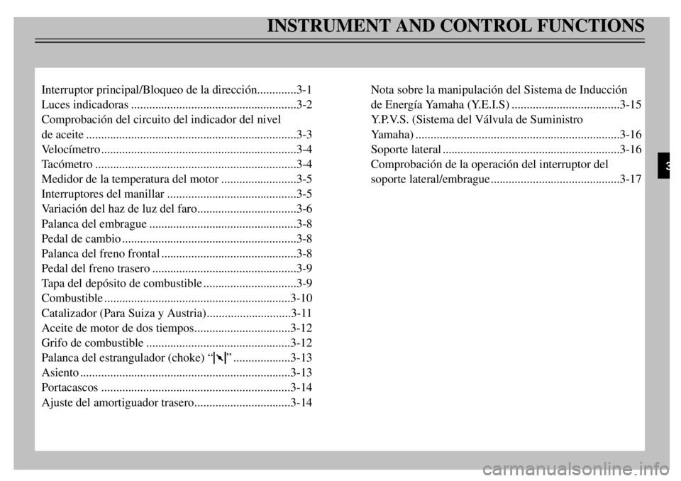 YAMAHA TDR 125 2000 Notices Demploi (in French) INSTRUMENT AND CONTROL FUNCTIONS
Interruptor principal/Bloqueo de la direcci—n.............3-1
Luces indicadoras.......................................................3-2
Comprobaci—n del circuito YAMAHA TDR 125 2000 Notices Demploi (in French) INSTRUMENT AND CONTROL FUNCTIONS
Interruptor principal/Bloqueo de la direcci—n.............3-1
Luces indicadoras.......................................................3-2
Comprobaci—n del circuito