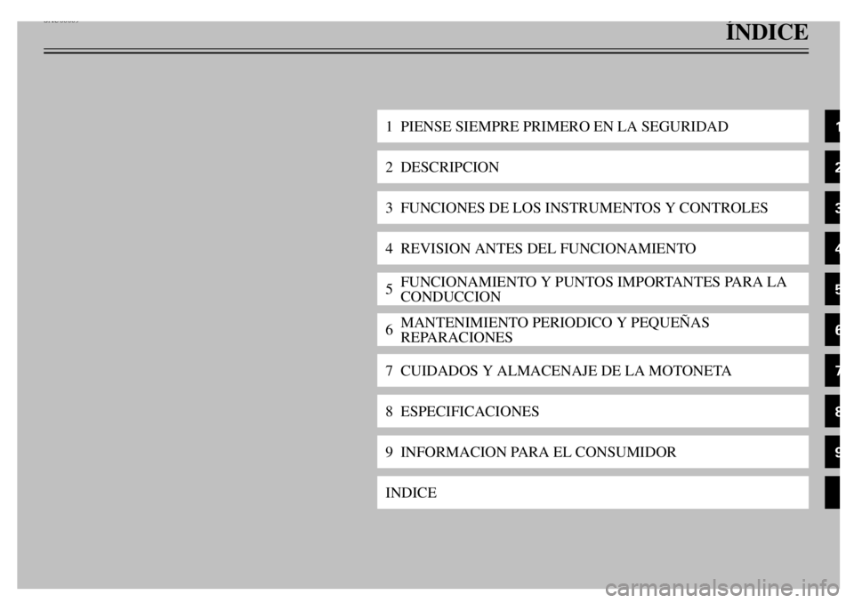 YAMAHA TDR 125 2000  Notices Demploi (in French) SAU00009
êNDICE
1  PIENSE SIEMPRE PRIMERO EN LA SEGURIDAD2  DESCRIPCION3  FUNCIONES DE LOS INSTRUMENTOS Y CONTROLES4  REVISION ANTES DEL FUNCIONAMIENTO5FUNCIONAMIENTO Y PUNTOS IMPORTANTES PARA LA 
CO