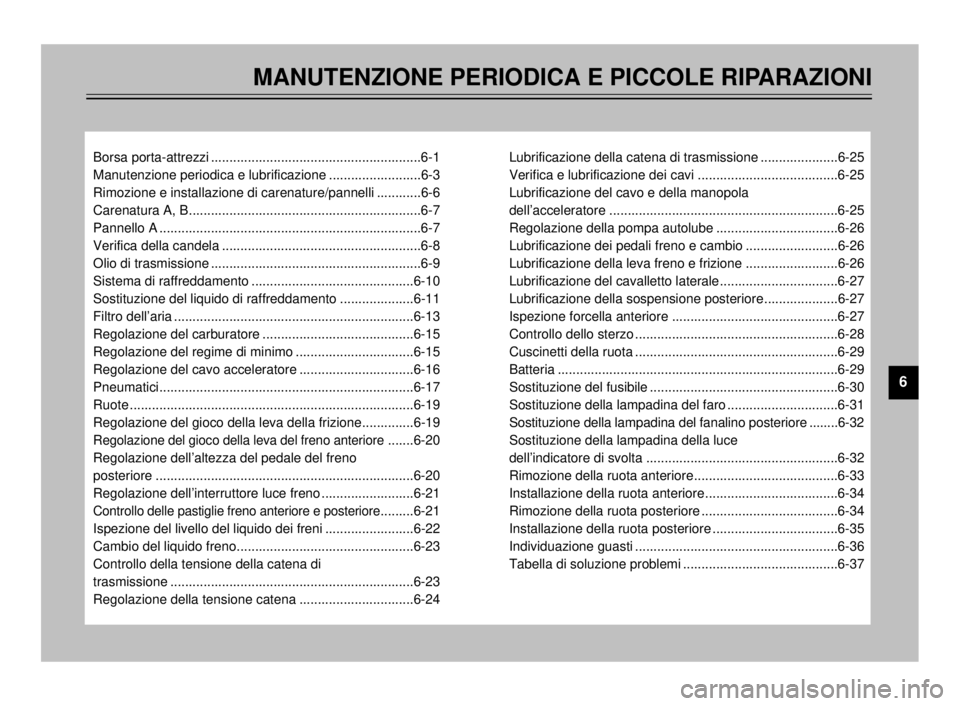 YAMAHA TDR 125 2000  Manuale duso (in Italian) MANUTENZIONE PERIODICA E PICCOLE RIPARAZIONI
Borsa porta-attrezzi .........................................................6-1
Manutenzione periodica e lubrificazione .........................6-3
Rimo