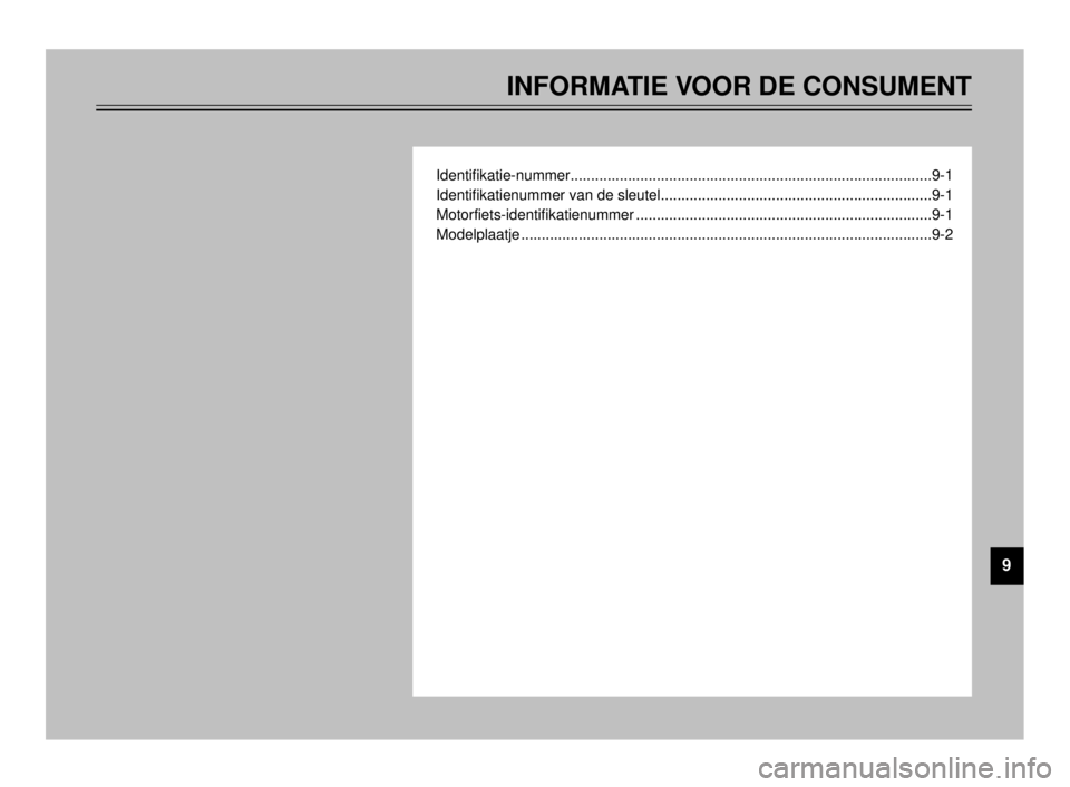 YAMAHA TDR 125 2000 Instructieboekje (in Dutch) 9
INFORMATIE VOOR DE CONSUMENT
Identifikatie-nummer........................................................................................9-1
Identifikatienummer van de sleutel....................... YAMAHA TDR 125 2000 Instructieboekje (in Dutch) 9
INFORMATIE VOOR DE CONSUMENT
Identifikatie-nummer........................................................................................9-1
Identifikatienummer van de sleutel.......................