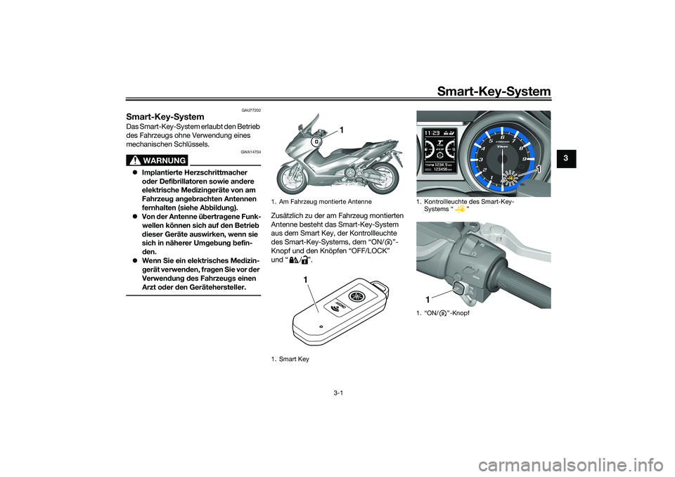 YAMAHA TMAX 2021  Betriebsanleitungen (in German) Smart-Key- System
3-1
3
GAU77202
S mart-Key- SystemDas Smart-Key-System erlaubt den Betrieb 
des Fahrzeugs ohne Verwendung eines 
mechanischen Schlüssels.
WARNUNG
GWA14704
 Implantierte Herzschrit