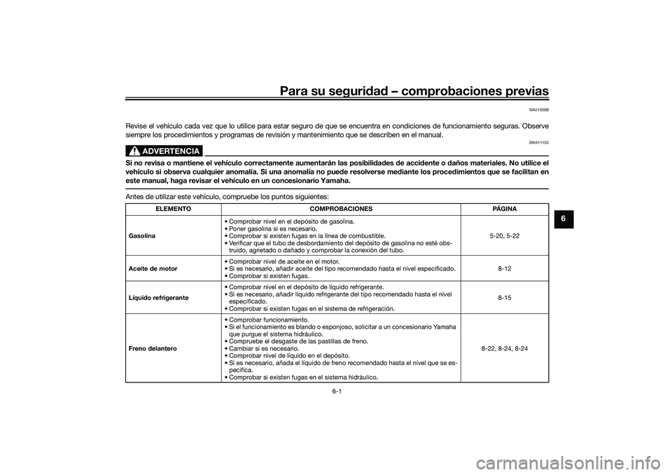 YAMAHA TMAX 2021 Manuale de Empleo (in Spanish) Para su seguridad – comprobaciones previas
6-1
6
SAU1559B
Revise el vehículo cada vez que lo utilice para estar seguro de que se encuentra en condiciones de funcionamiento seguras. Obse rve
siempr YAMAHA TMAX 2021 Manuale de Empleo (in Spanish) Para su seguridad – comprobaciones previas
6-1
6
SAU1559B
Revise el vehículo cada vez que lo utilice para estar seguro de que se encuentra en condiciones de funcionamiento seguras. Obse rve
siempr