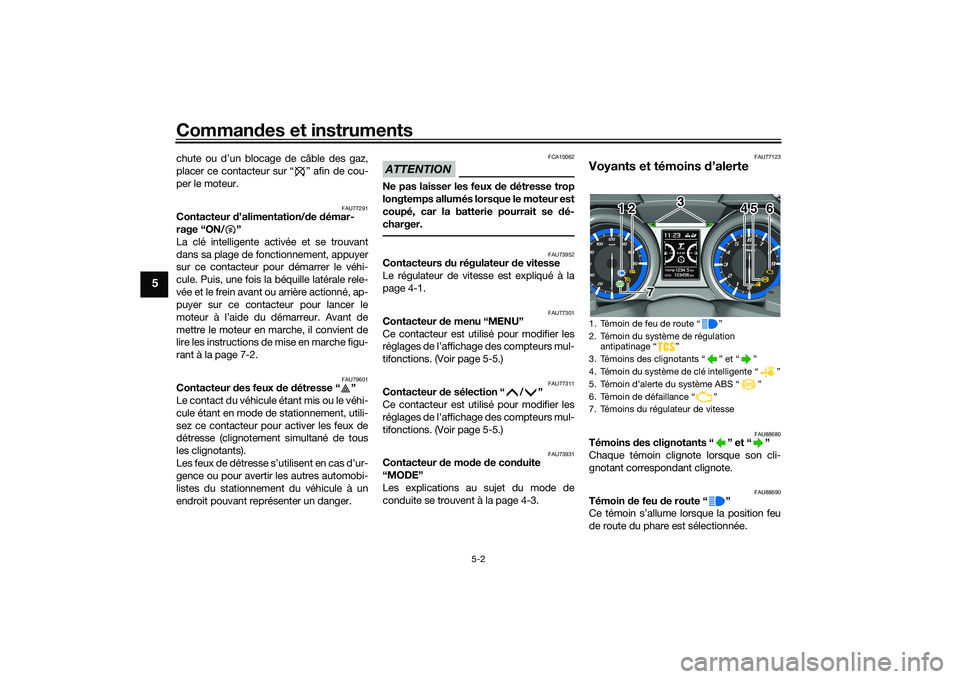 YAMAHA TMAX 2021 Notices Demploi (in French) Commandes et instruments
5-2
5
chute ou d’un blocage de câble des gaz,
placer ce contacteur sur “ ” afin de cou-
per le moteur.
FAU77291
Contacteur d’alimentation/ de démar-
rage “ON/ YAMAHA TMAX 2021 Notices Demploi (in French) Commandes et instruments
5-2
5
chute ou d’un blocage de câble des gaz,
placer ce contacteur sur “ ” afin de cou-
per le moteur.
FAU77291
Contacteur d’alimentation/ de démar-
rage “ON/